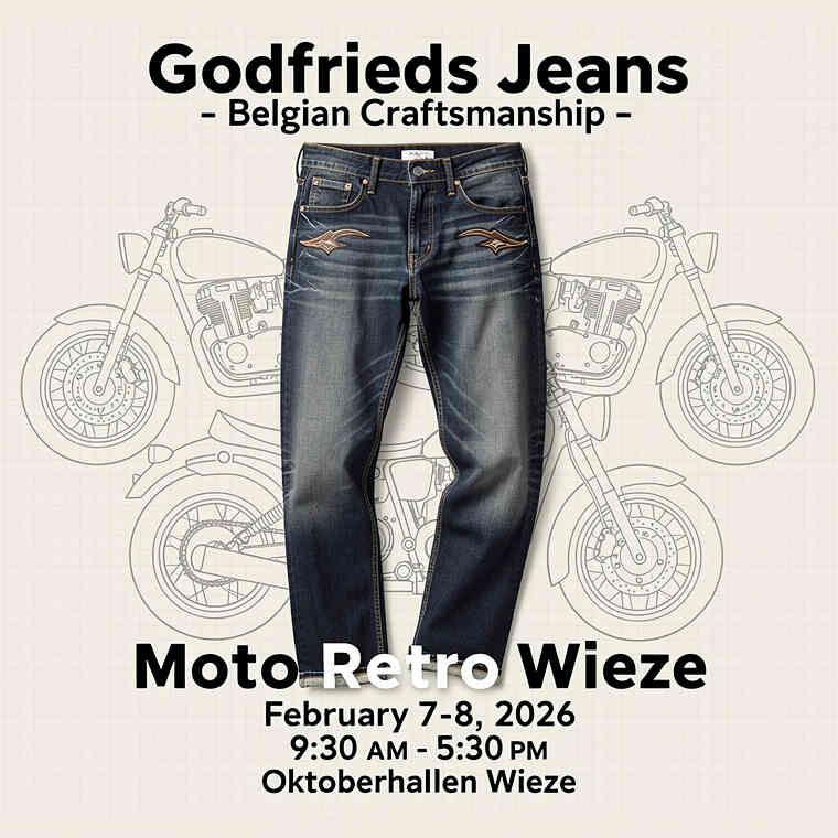 Godfrieds raw selvedge jeans, handgemaakt in België, gepresenteerd op Moto Retro Wieze 2026