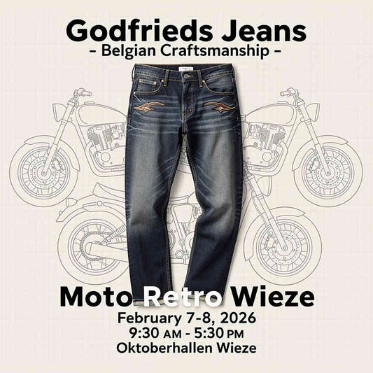 Godfrieds raw selvedge jeans, handgemaakt in België, gepresenteerd op Moto Retro Wieze 2026