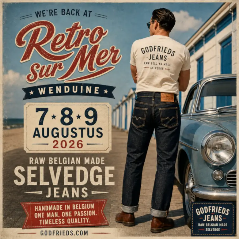 afbeelding raw jeans en fifties auto aan de zee