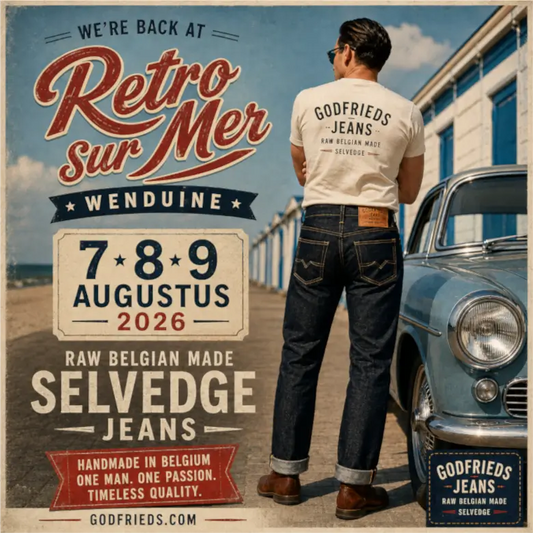 afbeelding raw jeans en fifties auto aan de zee