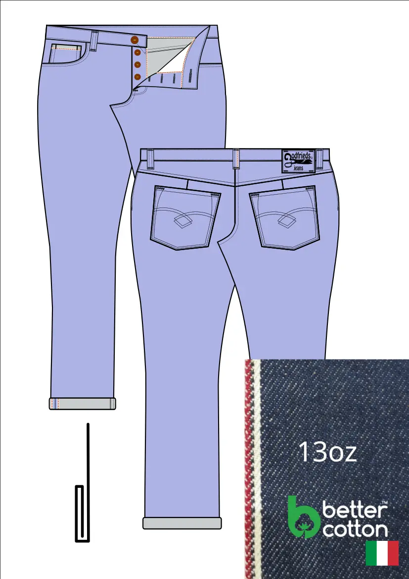 Tekening van passende jeans 2570  met denim voorstelling en omslag aan de pijpzoom