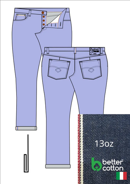 Tekening van passende jeans 2570  met denim voorstelling en omslag aan de pijpzoom