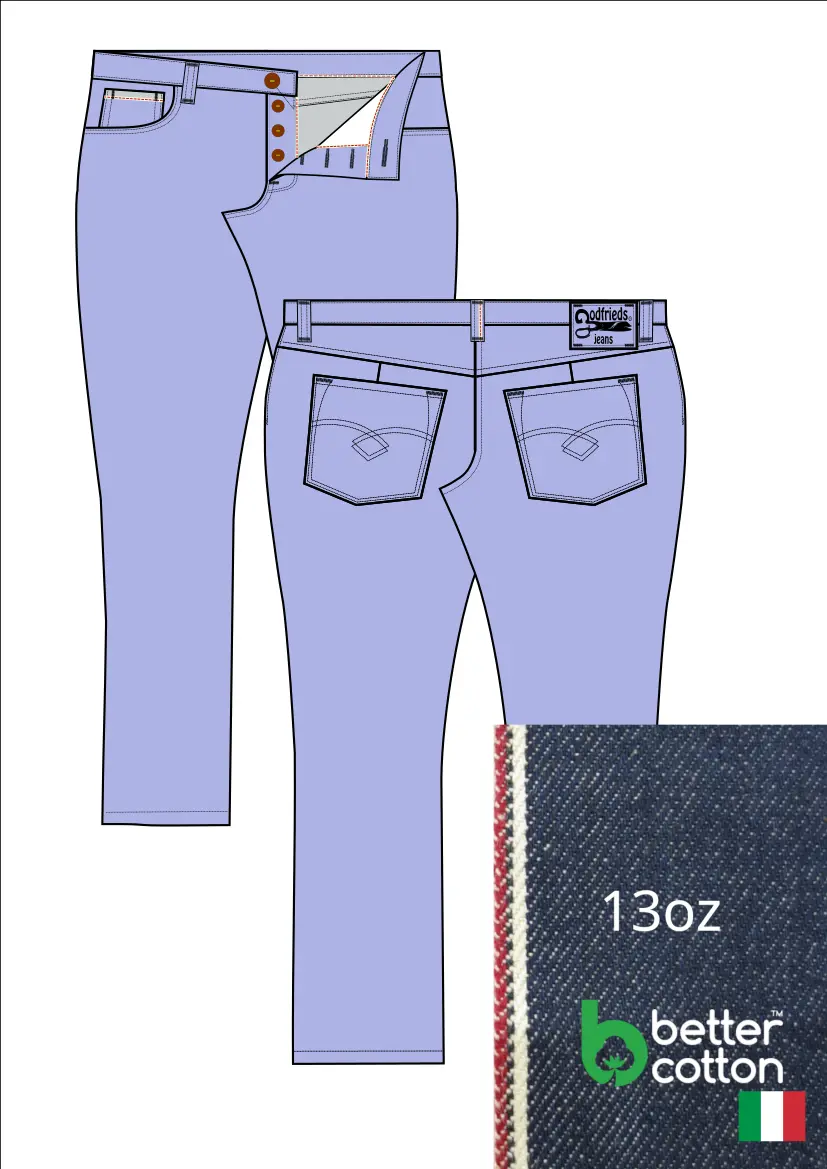 Tekening van passende jeans 2570  met denim voorstelling en omslag aan de pijpzoom