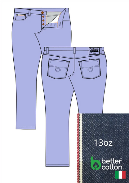Tekening van passende jeans 2570  met denim voorstelling en omslag aan de pijpzoom