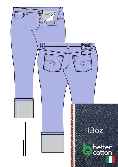 Tekening van passende jeans 2570  met denim voorstelling en omslag aan de pijpzoom
