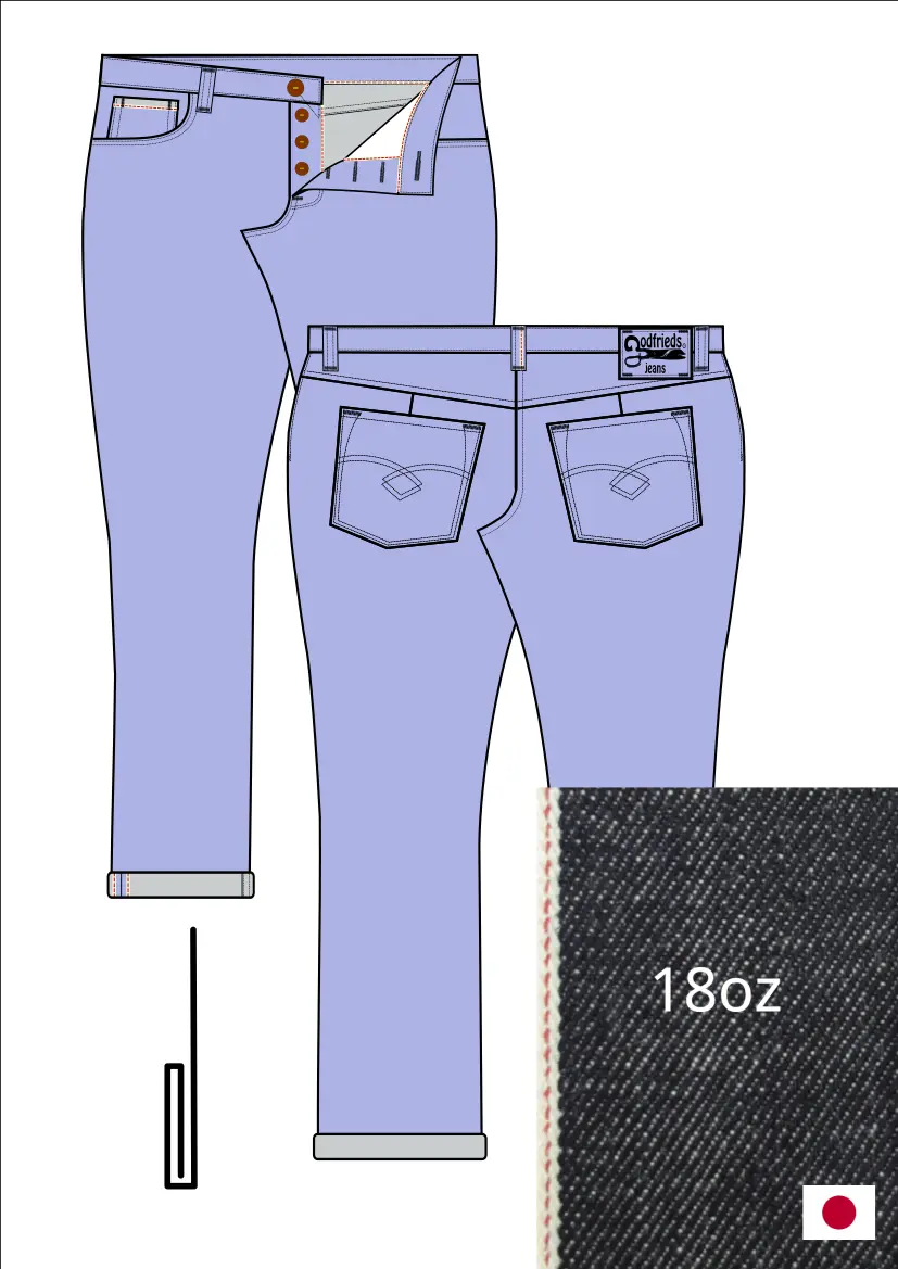 Tekening van passende jeans 2570  met denim voorstelling en omslag aan de pijpzoom