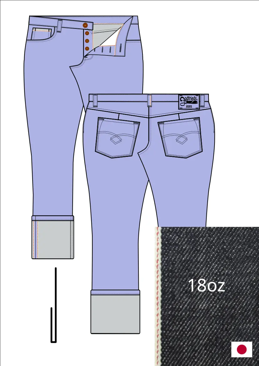 Tekening van passende jeans 2570  met denim voorstelling en omslag aan de pijpzoom