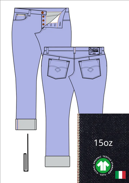 Tekening van passende jeans 2570  met denim voorstelling en omslag aan de pijpzoom