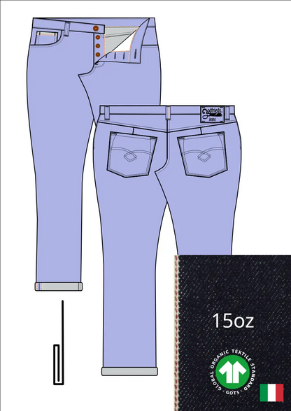 Tekening van passende jeans 2570  met denim voorstelling en omslag aan de pijpzoom