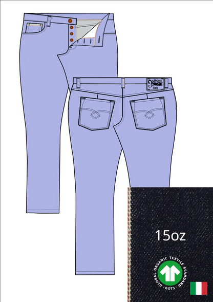 Tekening van passende jeans 2570  met denim voorstelling en omslag aan de pijpzoom
