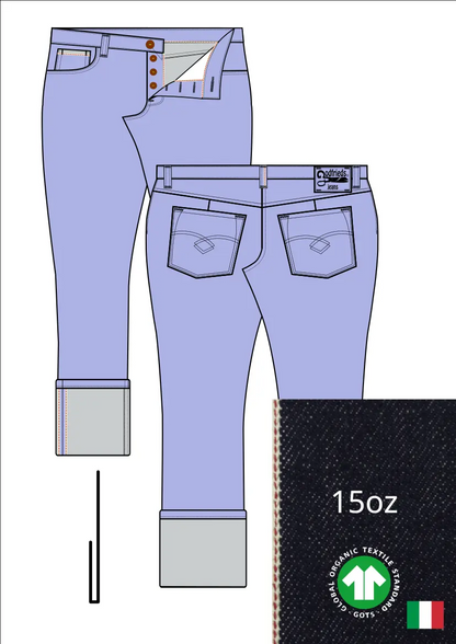 Tekening van passende jeans 2570  met denim voorstelling en omslag aan de pijpzoom