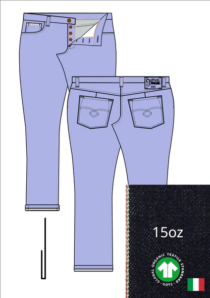 Tekening van passende jeans 2570  met denim voorstelling en omslag aan de pijpzoom