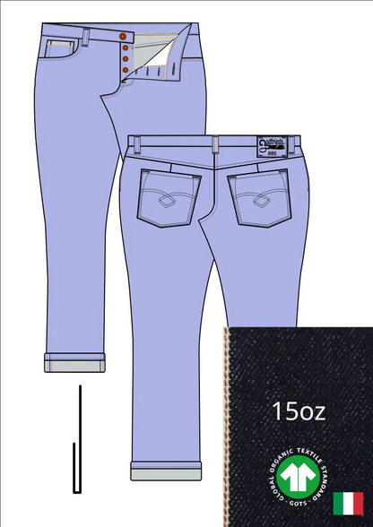 Tekening van passende jeans 2570  met denim voorstelling en omslag aan de pijpzoom
