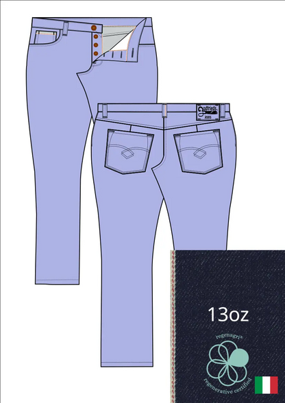 Tekening van passende jeans 2570  met denim voorstelling en omslag aan de pijpzoom