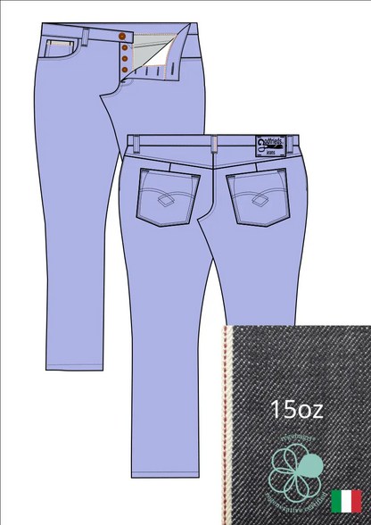 Tekening van passende jeans 2570  met denim voorstelling en omslag aan de pijpzoom