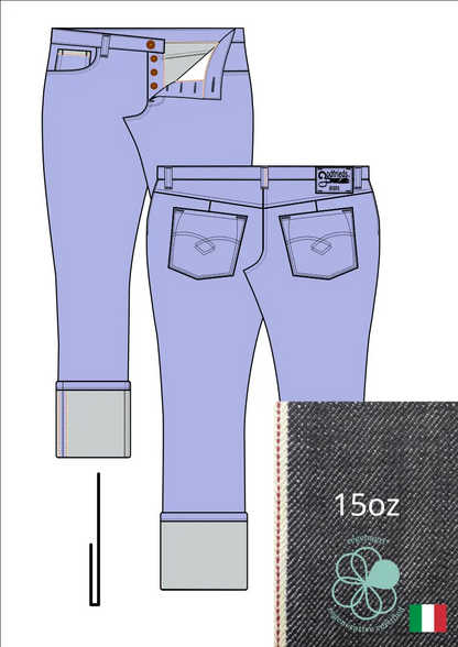 Tekening van passende jeans 2570  met denim voorstelling en omslag aan de pijpzoom