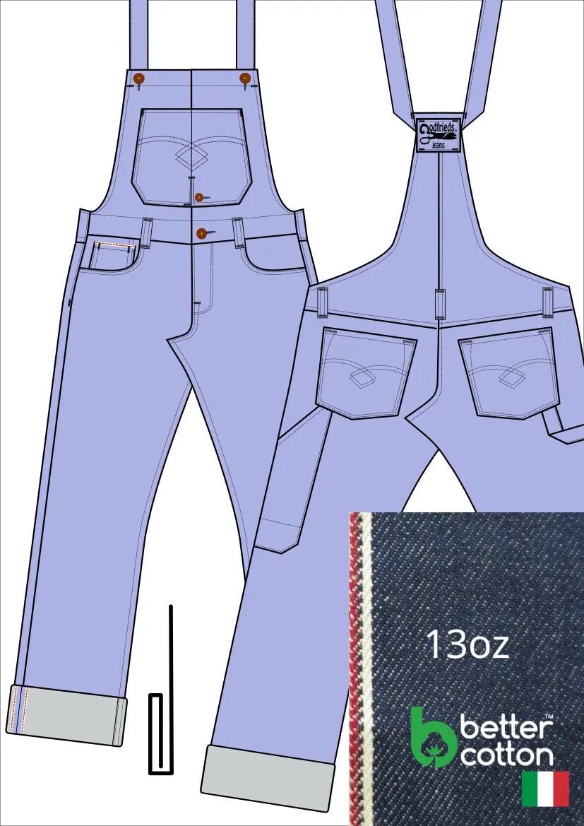 Tekening bretelbroek 5011  met denim voorstelling en omslag aan de pijpzoom