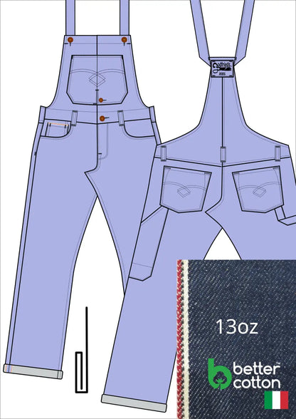 Tekening bretelbroek 5011  met denim voorstelling en omslag aan de pijpzoom