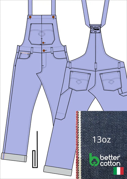 Tekening bretelbroek 5011  met denim voorstelling en omslag aan de pijpzoom
