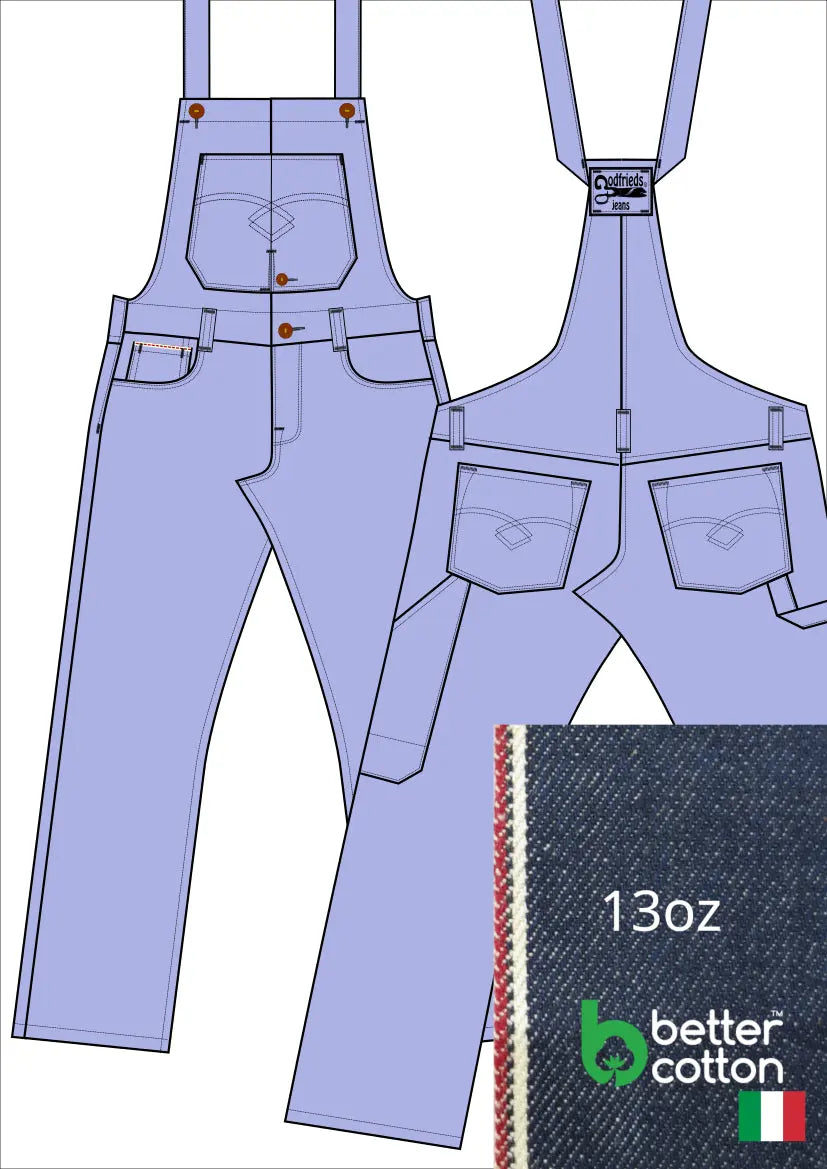 Tekening bretelbroek 5011  met denim voorstelling en omslag aan de pijpzoom