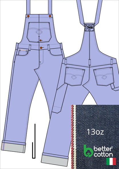 Tekening bretelbroek 5011  met denim voorstelling en omslag aan de pijpzoom