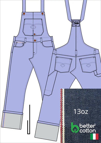 Tekening bretelbroek 5011  met denim voorstelling en omslag aan de pijpzoom