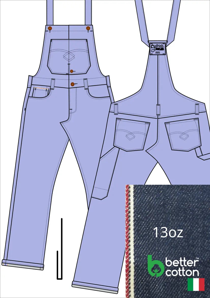 Tekening bretelbroek 5011  met denim voorstelling en omslag aan de pijpzoom