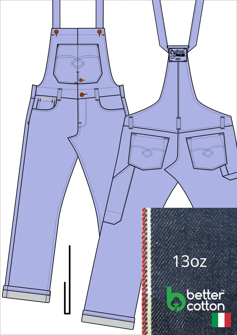 Tekening bretelbroek 5011  met denim voorstelling en omslag aan de pijpzoom