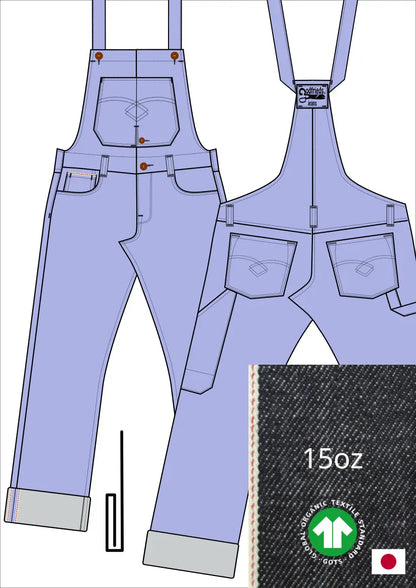 Tekening bretelbroek 5011  met denim voorstelling en omslag aan de pijpzoom