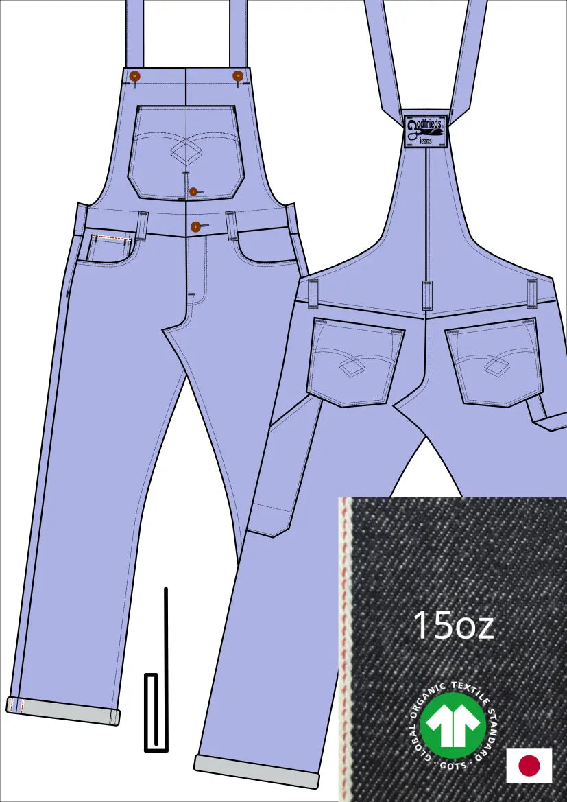 Tekening bretelbroek 5011  met denim voorstelling en omslag aan de pijpzoom
