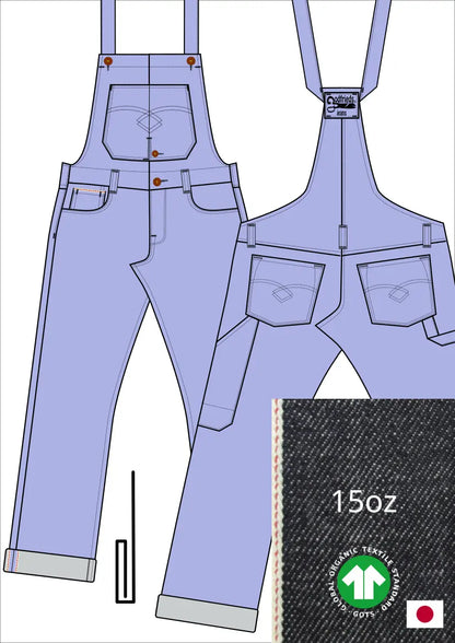Tekening bretelbroek 5011  met denim voorstelling en omslag aan de pijpzoom