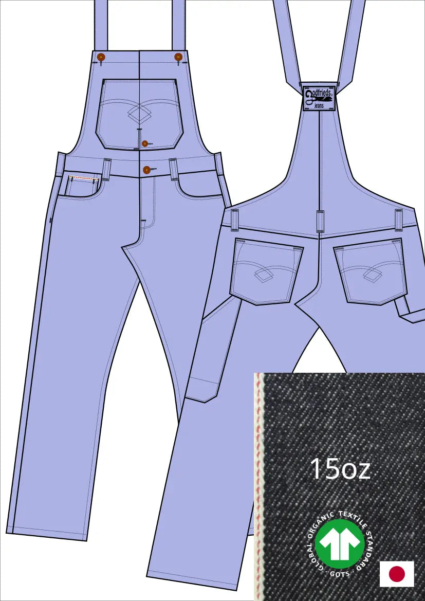 Tekening bretelbroek 5011  met denim voorstelling en omslag aan de pijpzoom