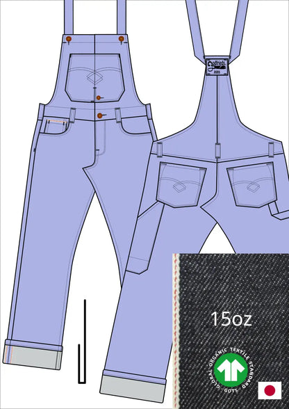 Tekening bretelbroek 5011  met denim voorstelling en omslag aan de pijpzoom
