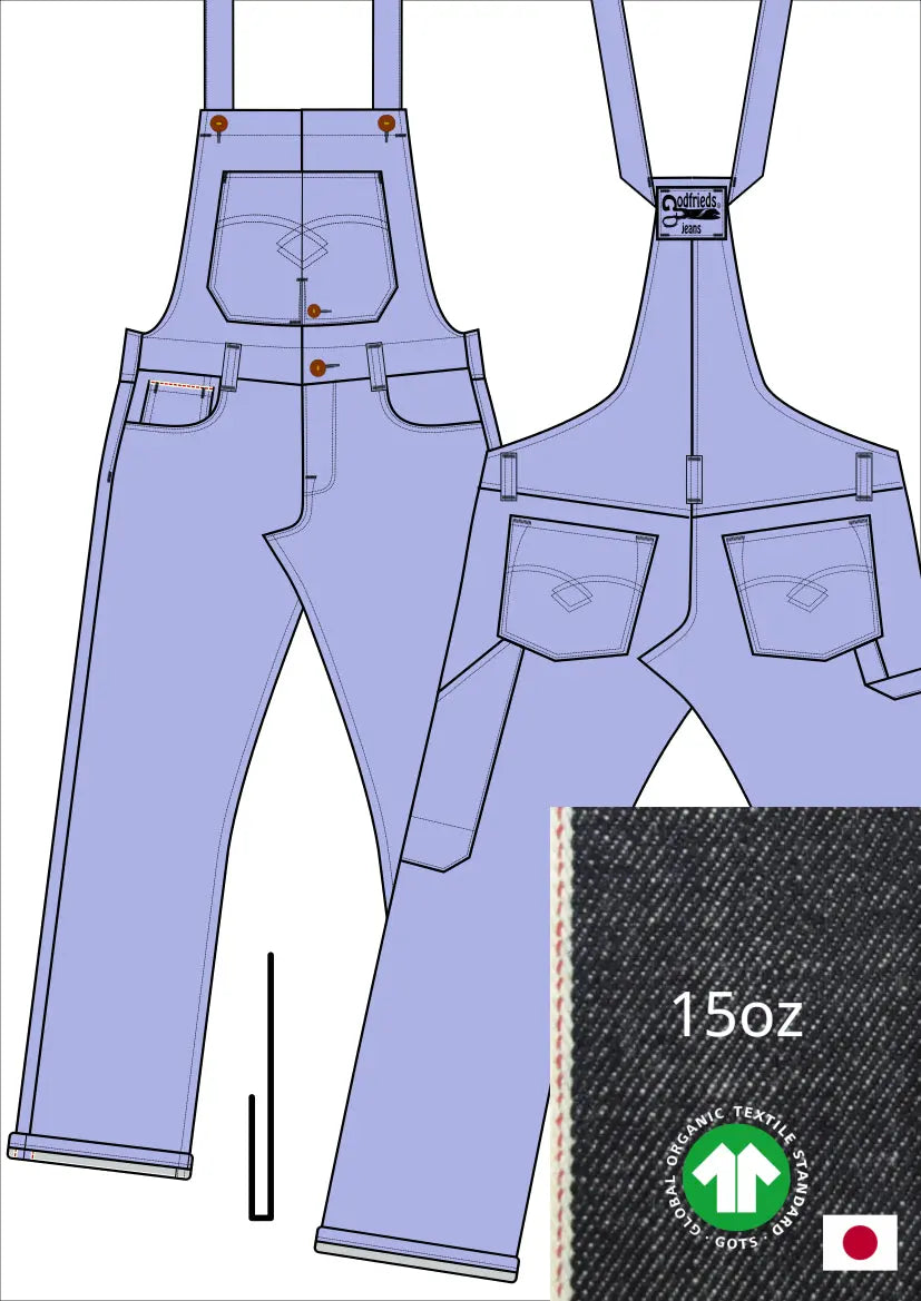 Tekening bretelbroek 5011  met denim voorstelling en omslag aan de pijpzoom