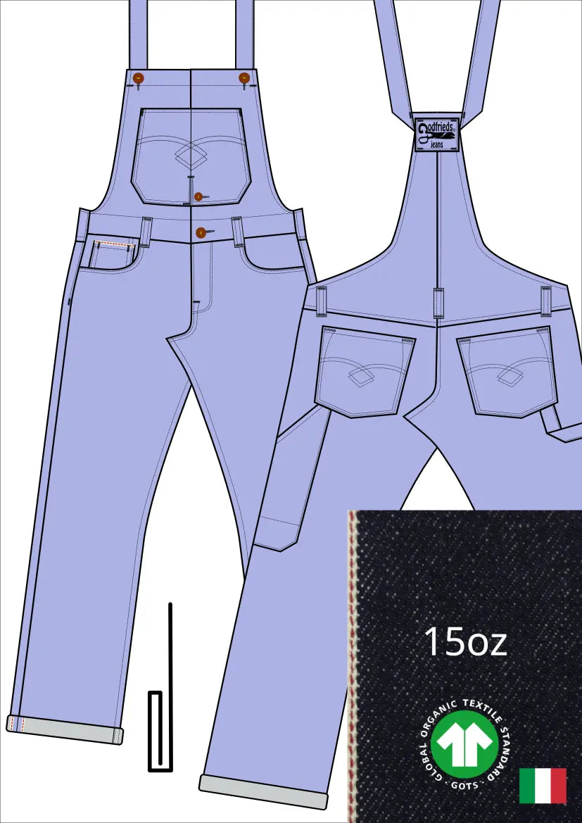Tekening bretelbroek 5011  met denim voorstelling en omslag aan de pijpzoom