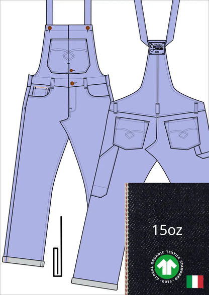 Tekening bretelbroek 5011  met denim voorstelling en omslag aan de pijpzoom