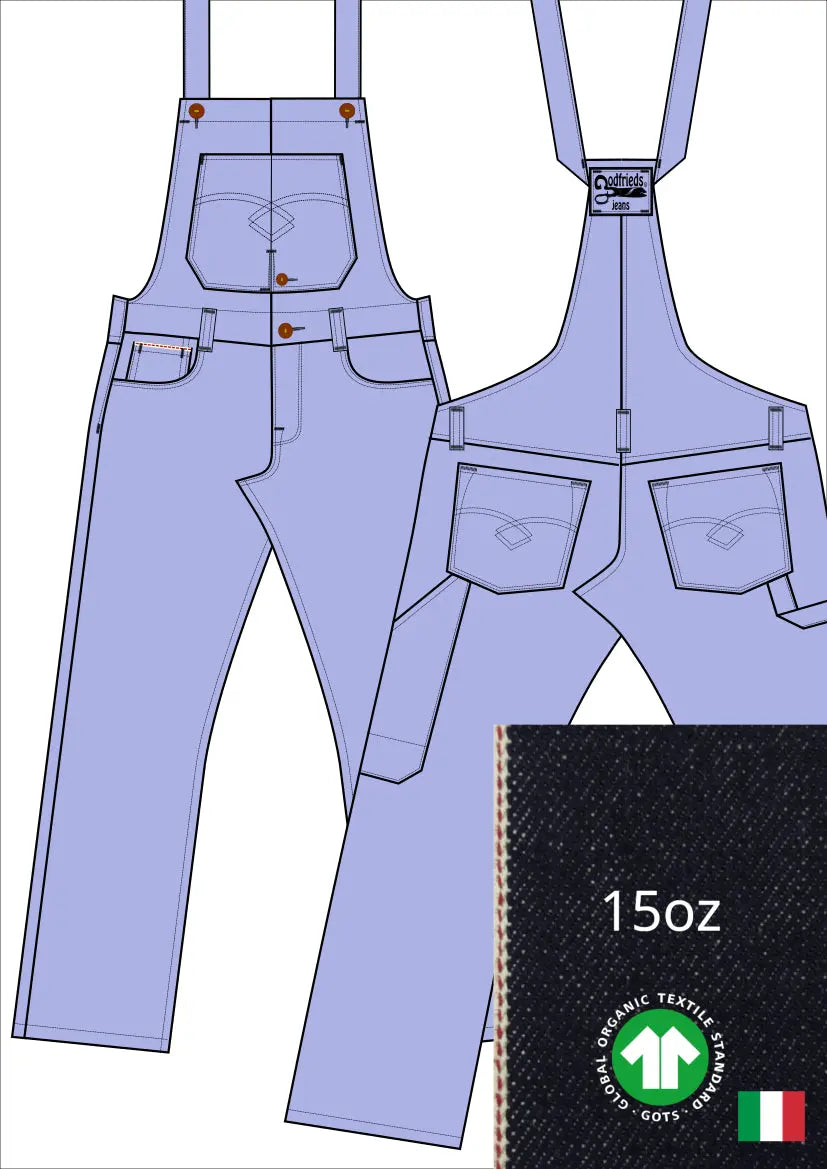 Tekening bretelbroek 5011  met denim voorstelling en omslag aan de pijpzoom