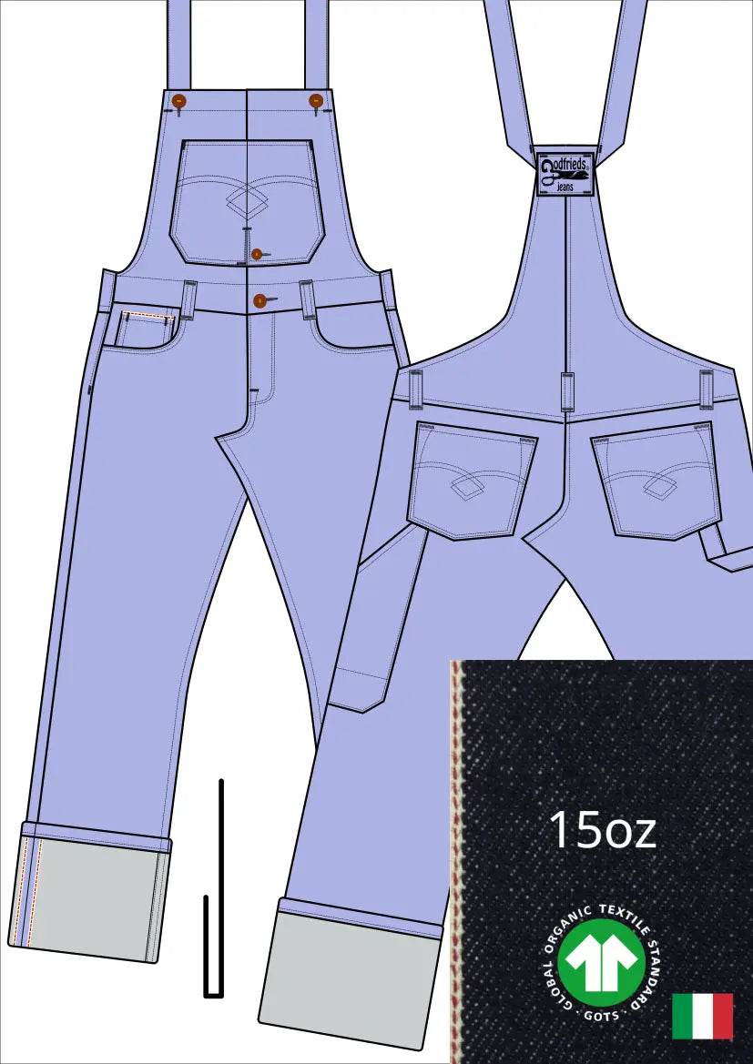 Tekening bretelbroek 5011  met denim voorstelling en omslag aan de pijpzoom