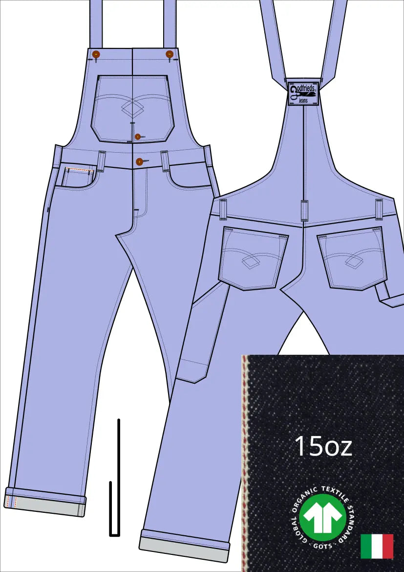 Tekening bretelbroek 5011  met denim voorstelling en omslag aan de pijpzoom