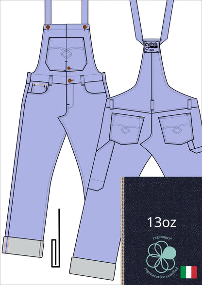 Tekening bretelbroek 5011  met denim voorstelling en omslag aan de pijpzoom