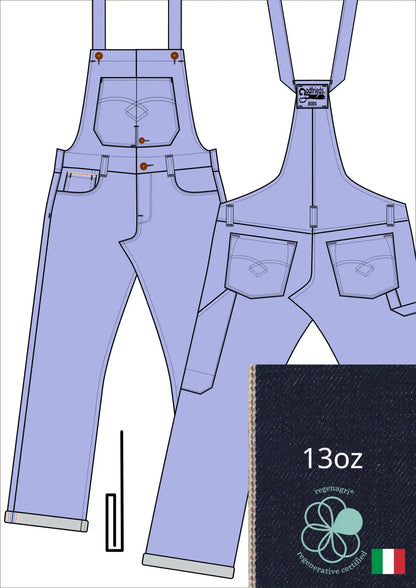 Tekening bretelbroek 5011  met denim voorstelling en omslag aan de pijpzoom