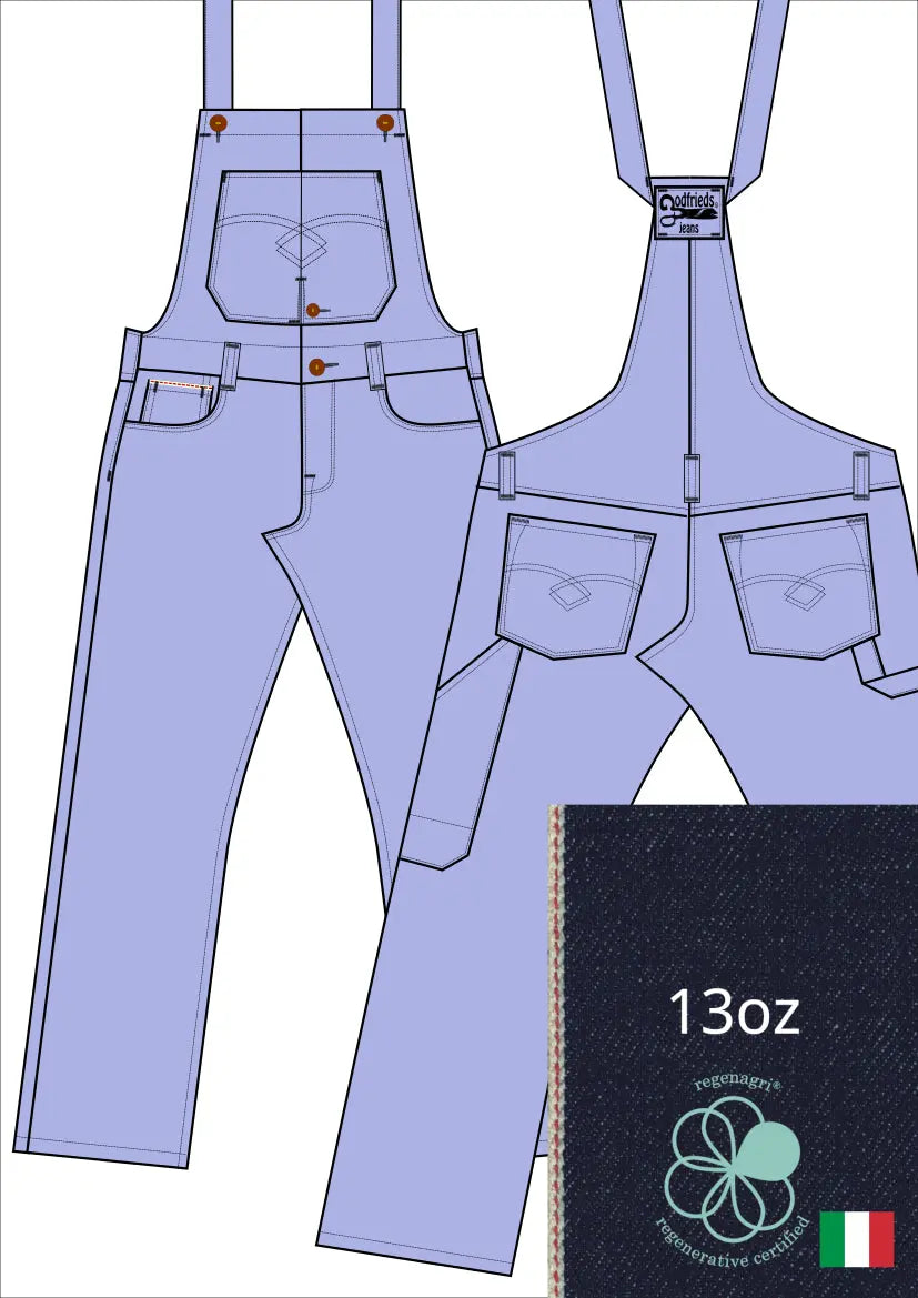 Tekening bretelbroek 5011  met denim voorstelling en omslag aan de pijpzoom