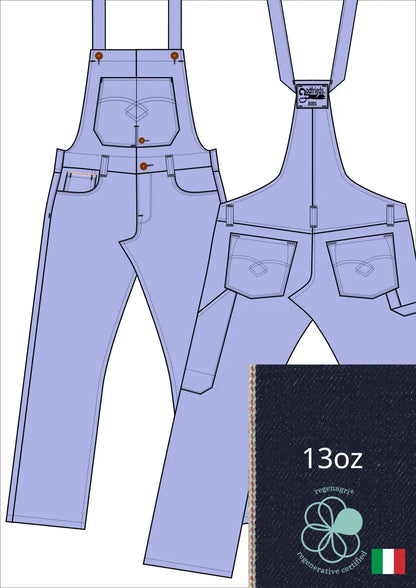 Tekening bretelbroek 5011  met denim voorstelling en omslag aan de pijpzoom