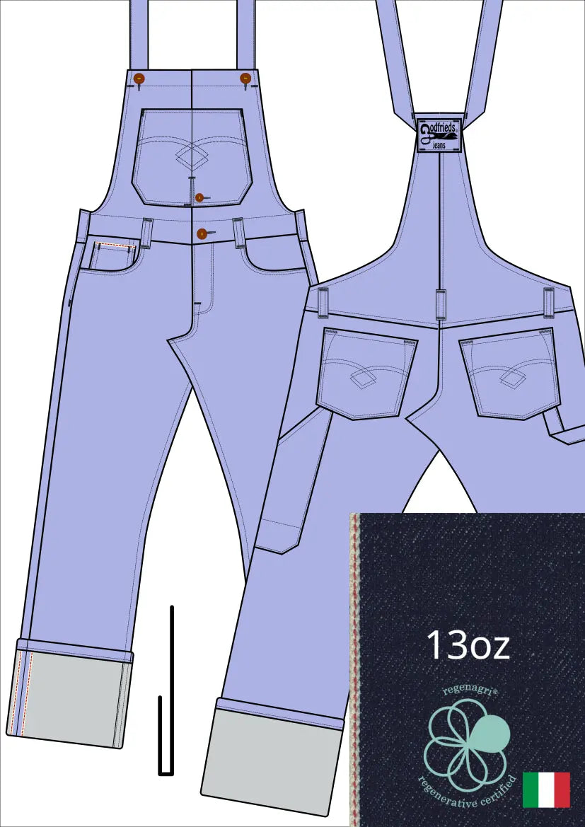 Tekening bretelbroek 5011  met denim voorstelling en omslag aan de pijpzoom