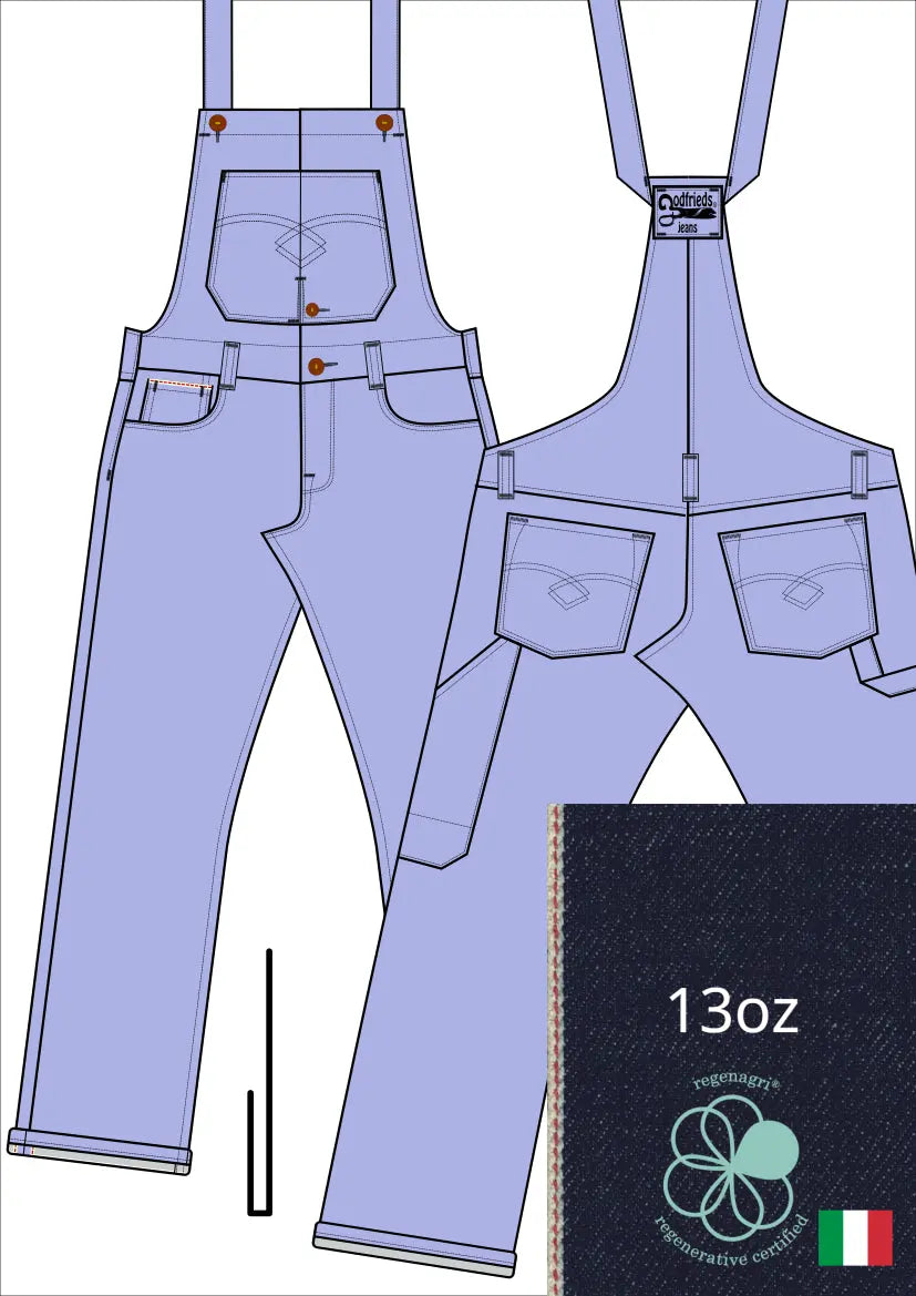 Tekening bretelbroek 5011  met denim voorstelling en omslag aan de pijpzoom