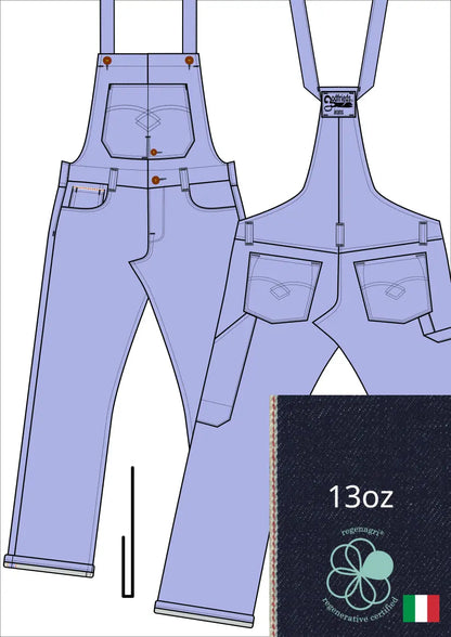 Tekening bretelbroek 5011  met denim voorstelling en omslag aan de pijpzoom