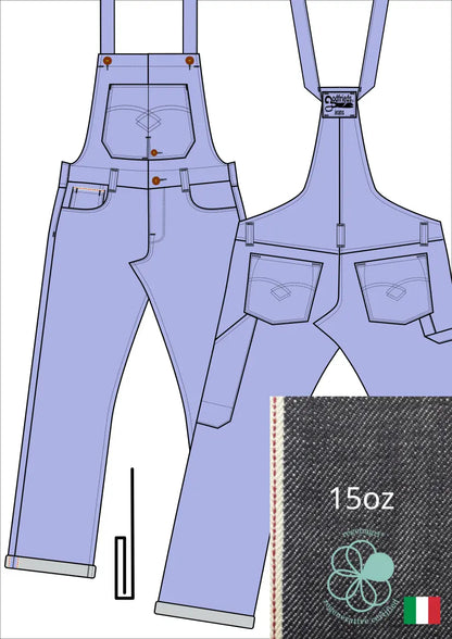 Tekening bretelbroek 5011  met denim voorstelling en omslag aan de pijpzoom