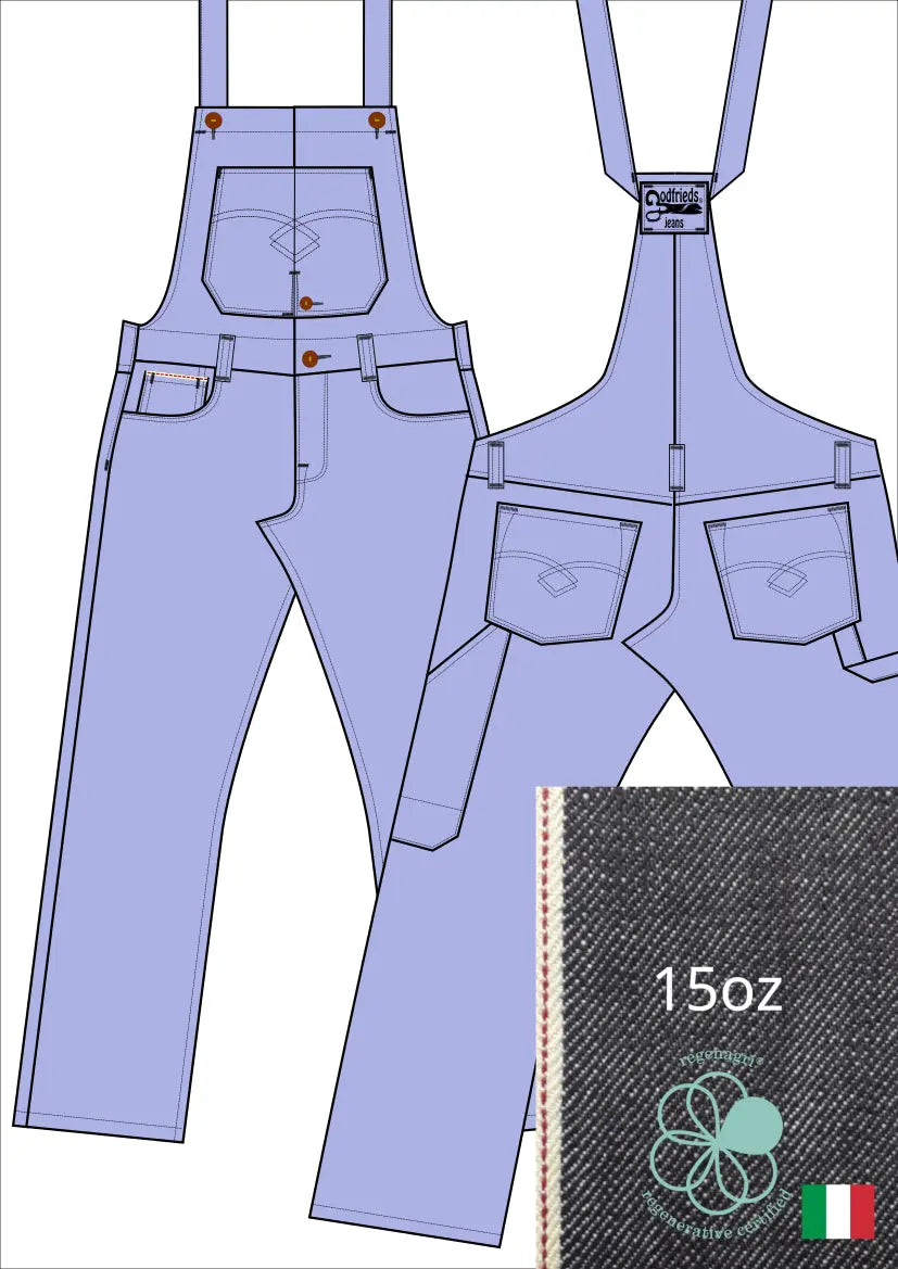 Tekening bretelbroek 5011  met denim voorstelling en omslag aan de pijpzoom