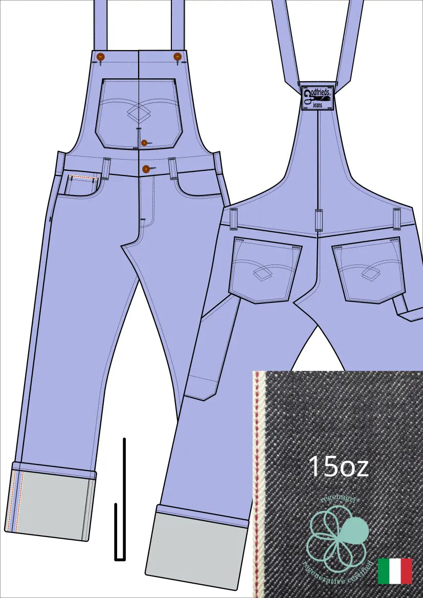 Tekening bretelbroek 5011  met denim voorstelling en omslag aan de pijpzoom