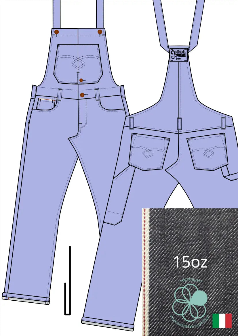 Tekening bretelbroek 5011  met denim voorstelling en omslag aan de pijpzoom